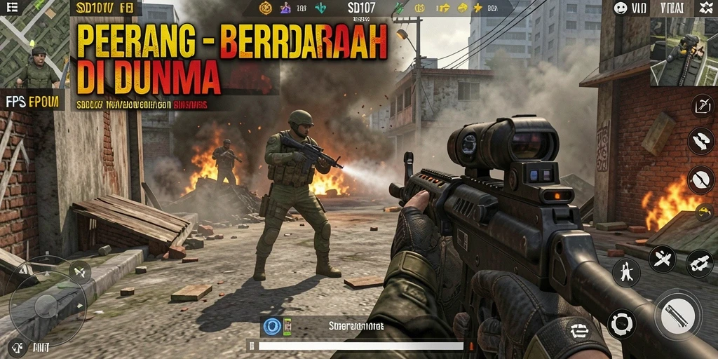Screenshot utama SD107 menampilkan aksi intens gameplay FPS.
