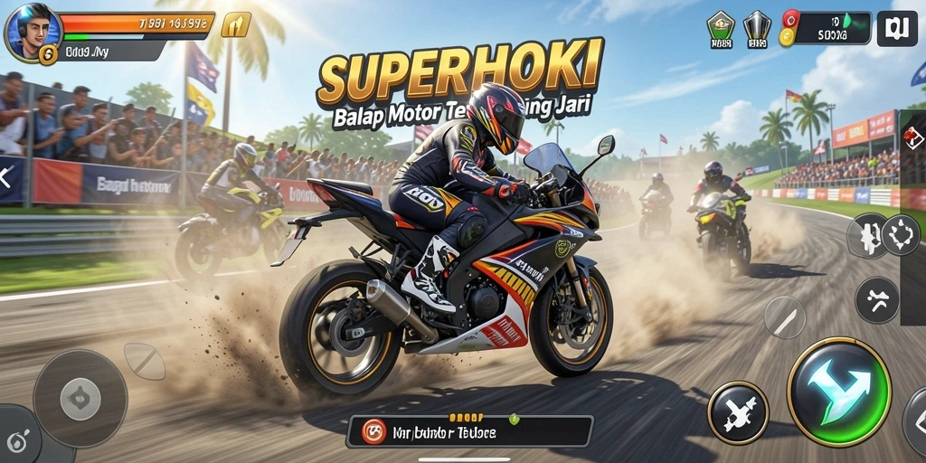 Gameplay SUPERHOKI yang mendebarkan dengan balapan motor yang intens.